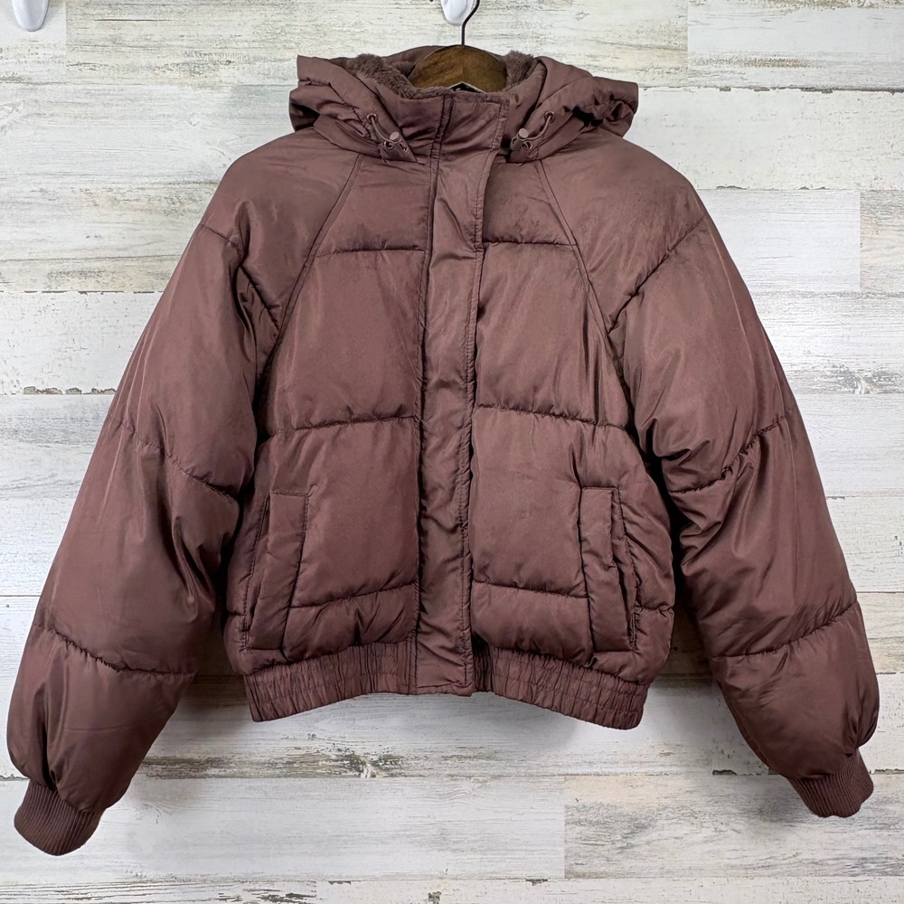 Aeropostale Puffer Jacket Women Small Brown Hooded Remixed Down Utility Gorpcore